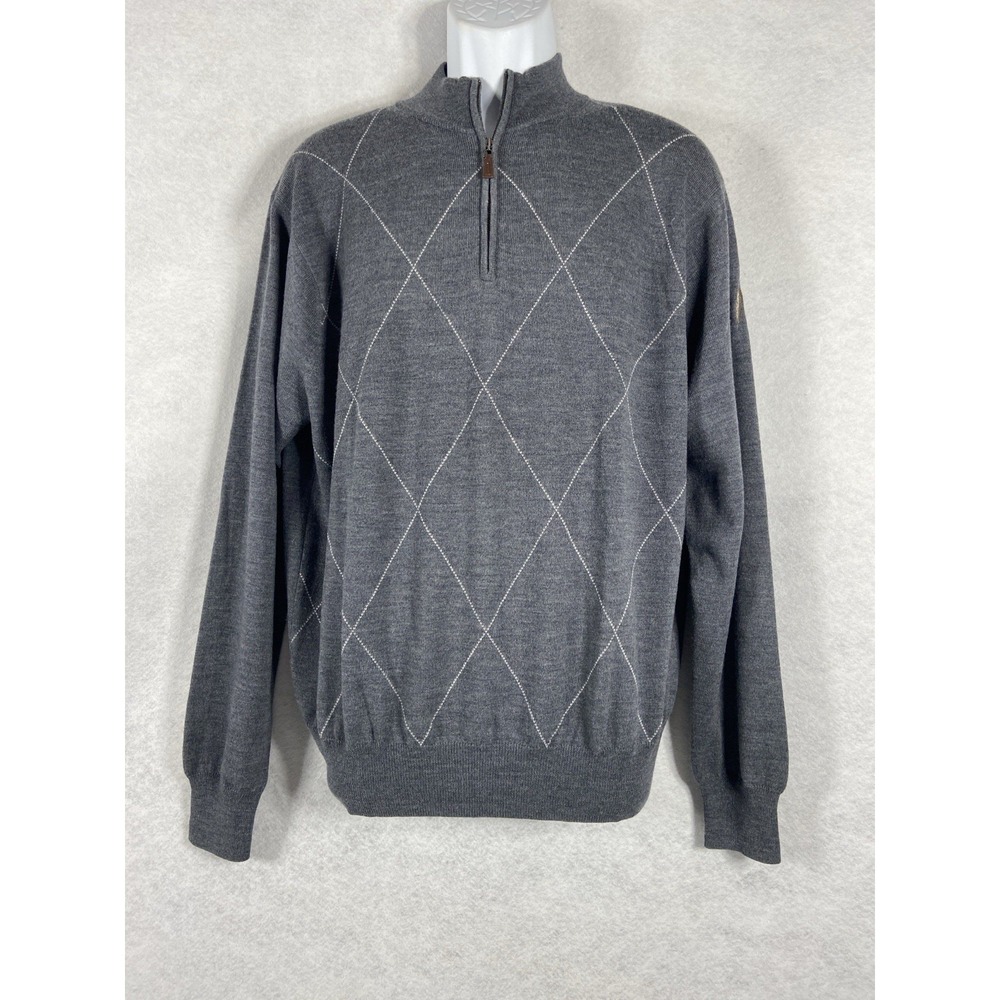 Vintage Peter Millar Sweater Men's Large Gray 1/4 Zip Argyle 100% Merino Wool